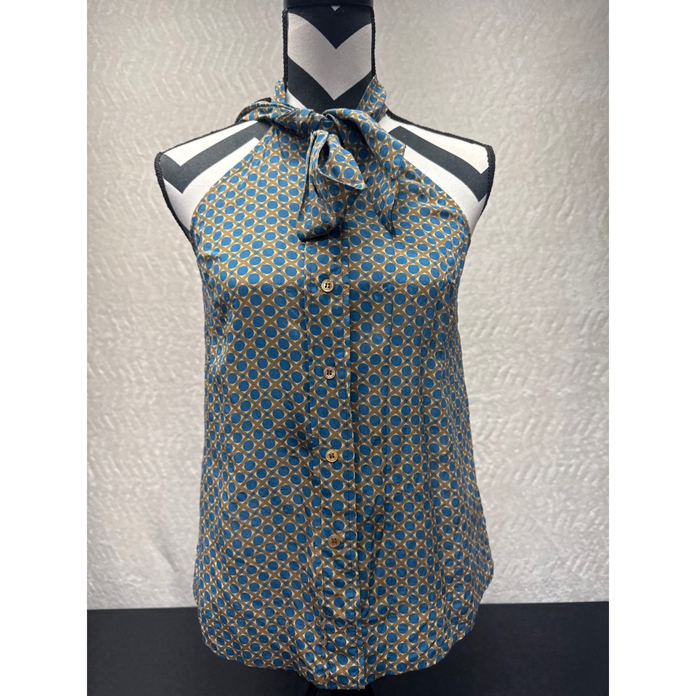 Girls from Savoy Anthropologie Blue Gold Geometric 100% Silk Bow Halter Size 4